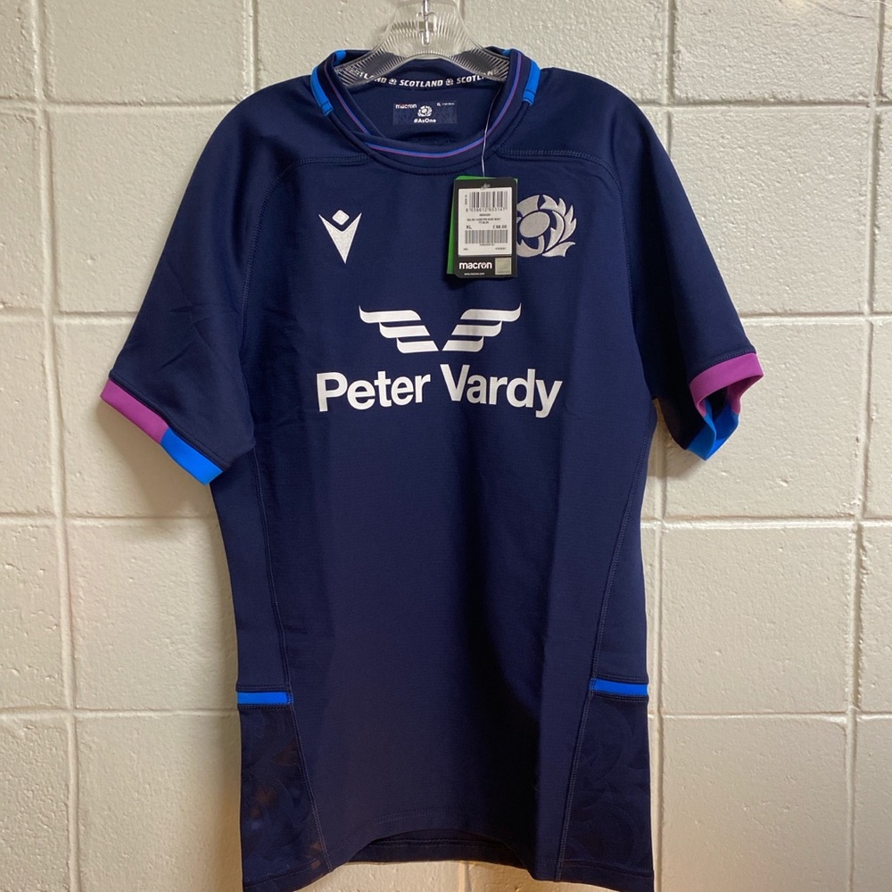 Macron Men's Navy Blue and Purple Rugby Jersey